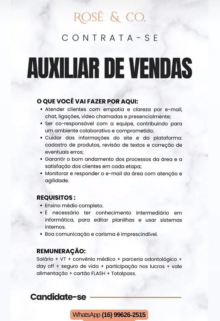 Contrata-se Auxiliar de Vendas 