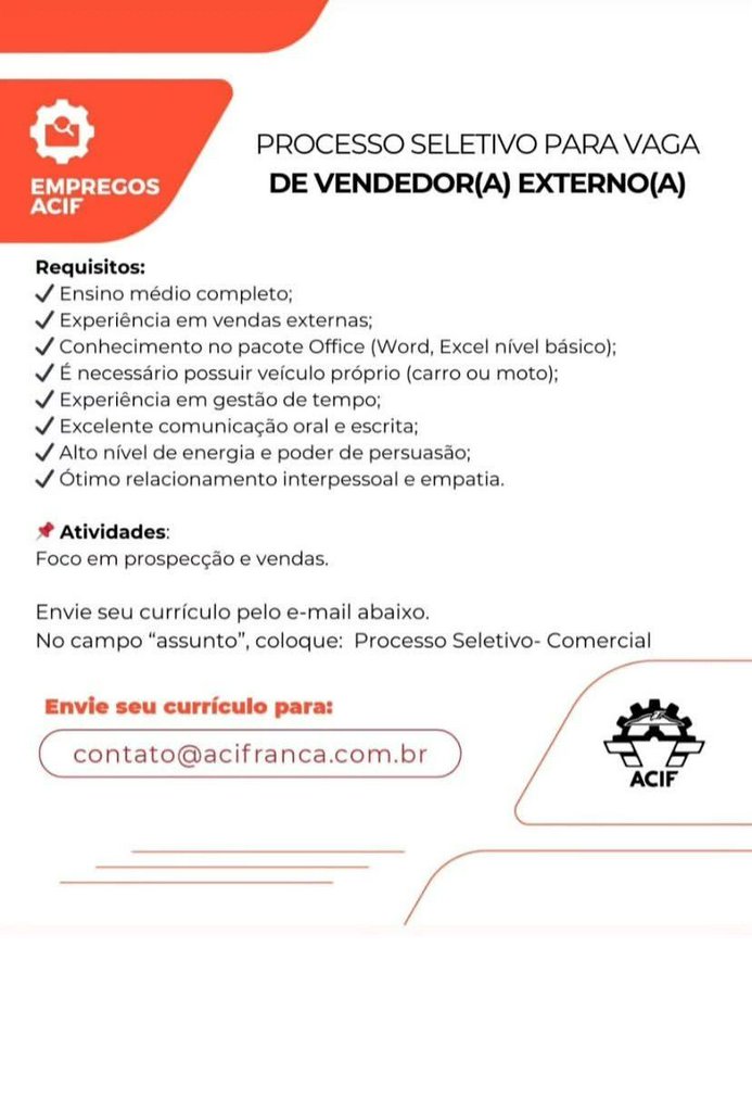 Processo Seletivo VENDEDOR (A) EXTERNO(A)